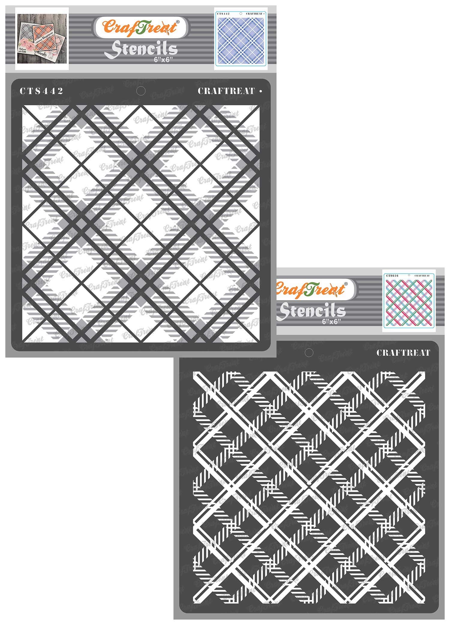 CrafTreat Reusable Pattern Stencils for Crafts Vintage - 2 Step Plaid Stencil and Plaid Combo(Each 2Pcs) -Size:6X6 Inch - DIY Craft Layering Stencils for Card Making - Checkered Stencil for Painting