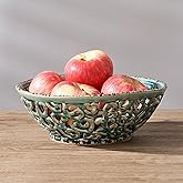 SIDUCAL Ceramic Fruit Bowl for Kitchen Counter,Decorative Fruit Basket with Holes, 10.43" Large Hollow Out Fruit Vegetable Holder Bowl for Table Decor, Blue