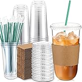 Baderke 25 Set Plastic Cups with Lids and Straws and Cup Sleeve, Disposable Plastic Iced Coffee Cup for Cold Beverage Juice Smoothie Crystal for Coffee Shops Party Catering(20 oz)