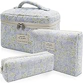 Gosect 3pc Makeup Bag Set, Quilted Makeup Bag Set, Large Floral Cosmetic Bag for Women, Cute Cotton Makeup Bags, Flower Travel Toiletry Organizer Bag (Green Leaves Blue Flowers)