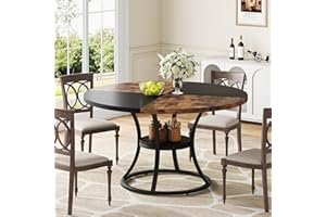 Condemo Round Dining Table for 4-6, 47 inch Wood Dining Room Table with Storage Shelf, Farmhouse Kitchen Table with Metal Base, Large Round Table for Home, Rustic Brown and Black, No Chairs