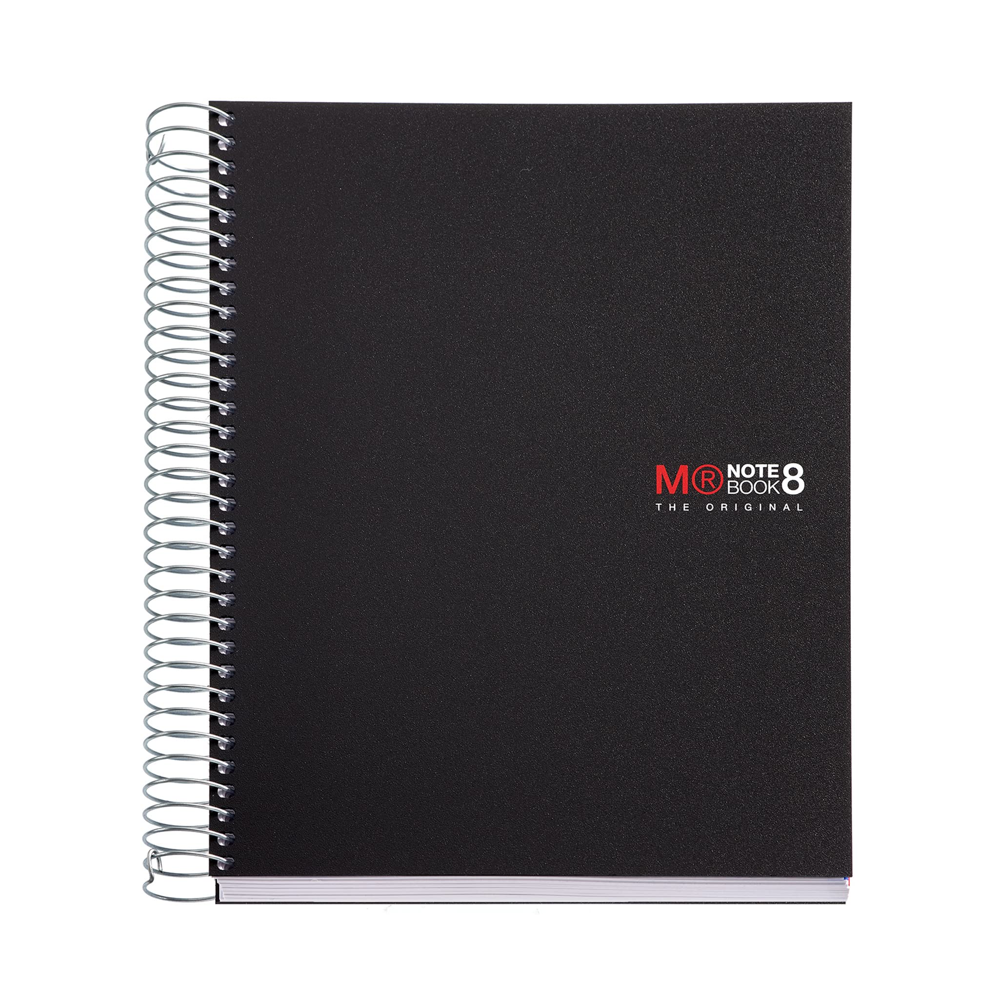 Miquelrius - The Original Notebook, 8 colored stripes, Opaque polypropylene cover, A5 size (148 x 210 mm), 2 Holes, 200 Sheets of 70 g/m², 7 mm Horizontal Ruled, Black Color