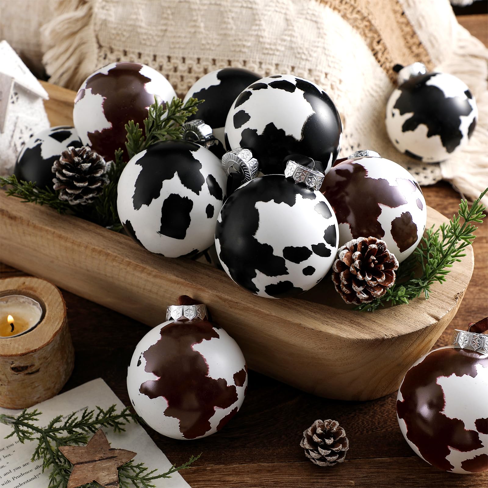 Photo 1 of Syhood 12 Pcs Cowhide Printed Christmas Ball Ornaments 3.15 Inch Plastic Western Cow Ornaments Country Western Party Decorations Rustic Holiday Xmas Baubles for Tree Home Gift