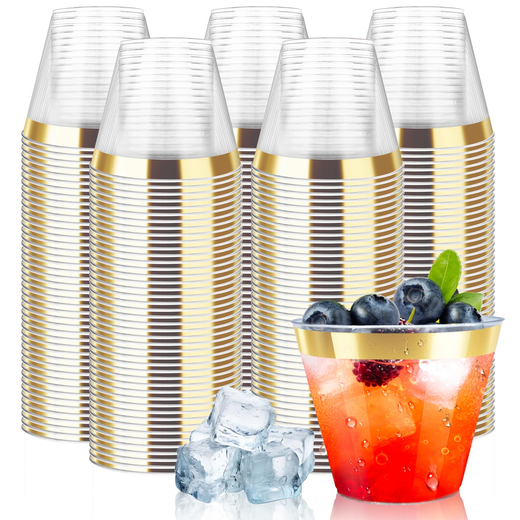 Photo 1 of [200 Pack] 9oz Clear Plastic Cups with Gold Rimmed Sturdy & Food Safe Disposable Wine Glasses Party Wedding Cups Disposable Drinking Cups Plastic Cocktail Glasses for Wine, Juice & Cold Beverages