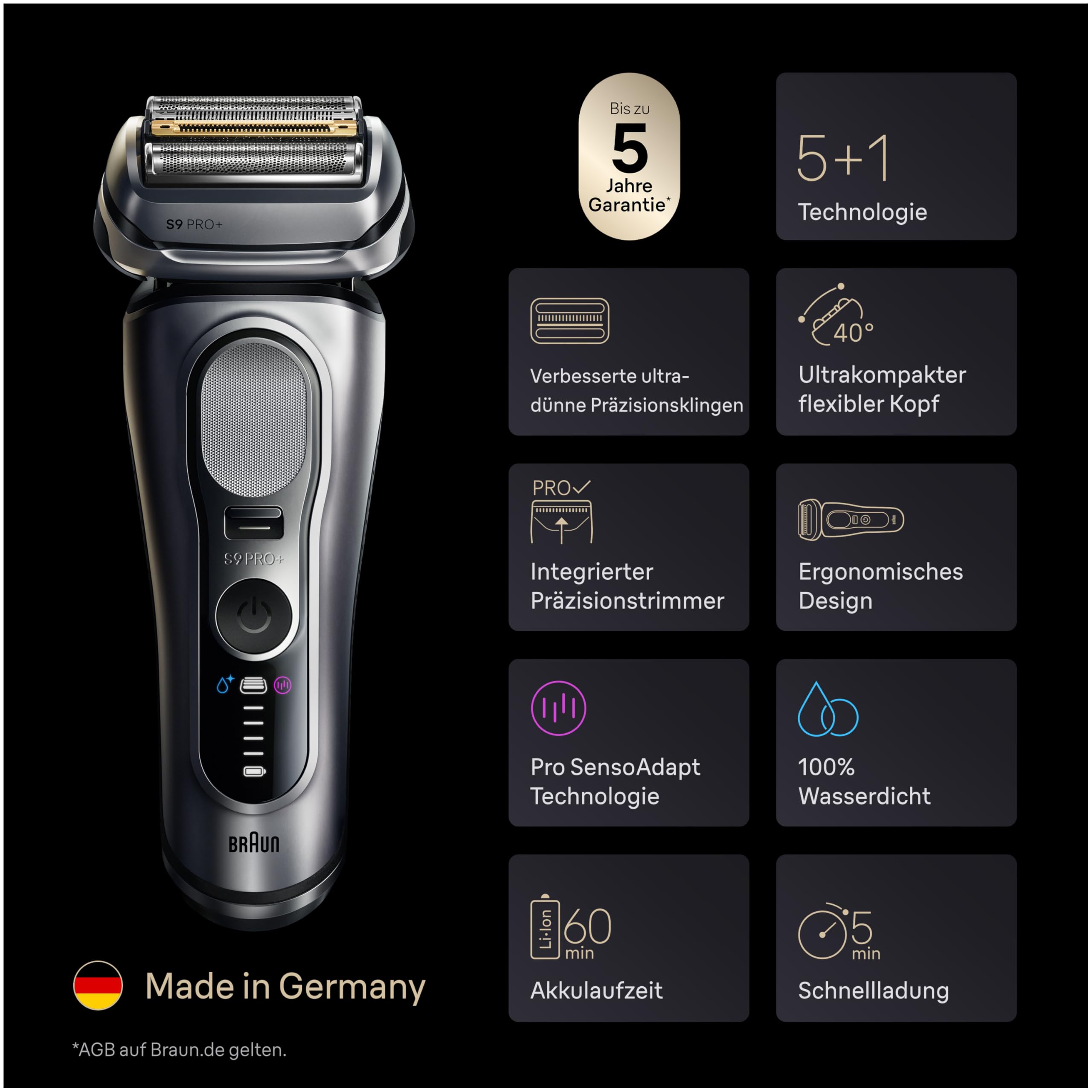 Braun Series 9 PRO+ Elektrorasierer Herren, 5+1 Ultradünne Präzisionsklingen, Pro-SensoAdapt, Rasierapparat mit 60 Min. Akku, Extra Scherkopf, Ladeständer, Nass- und Trockenrasierer – 9617psi, Silber 8