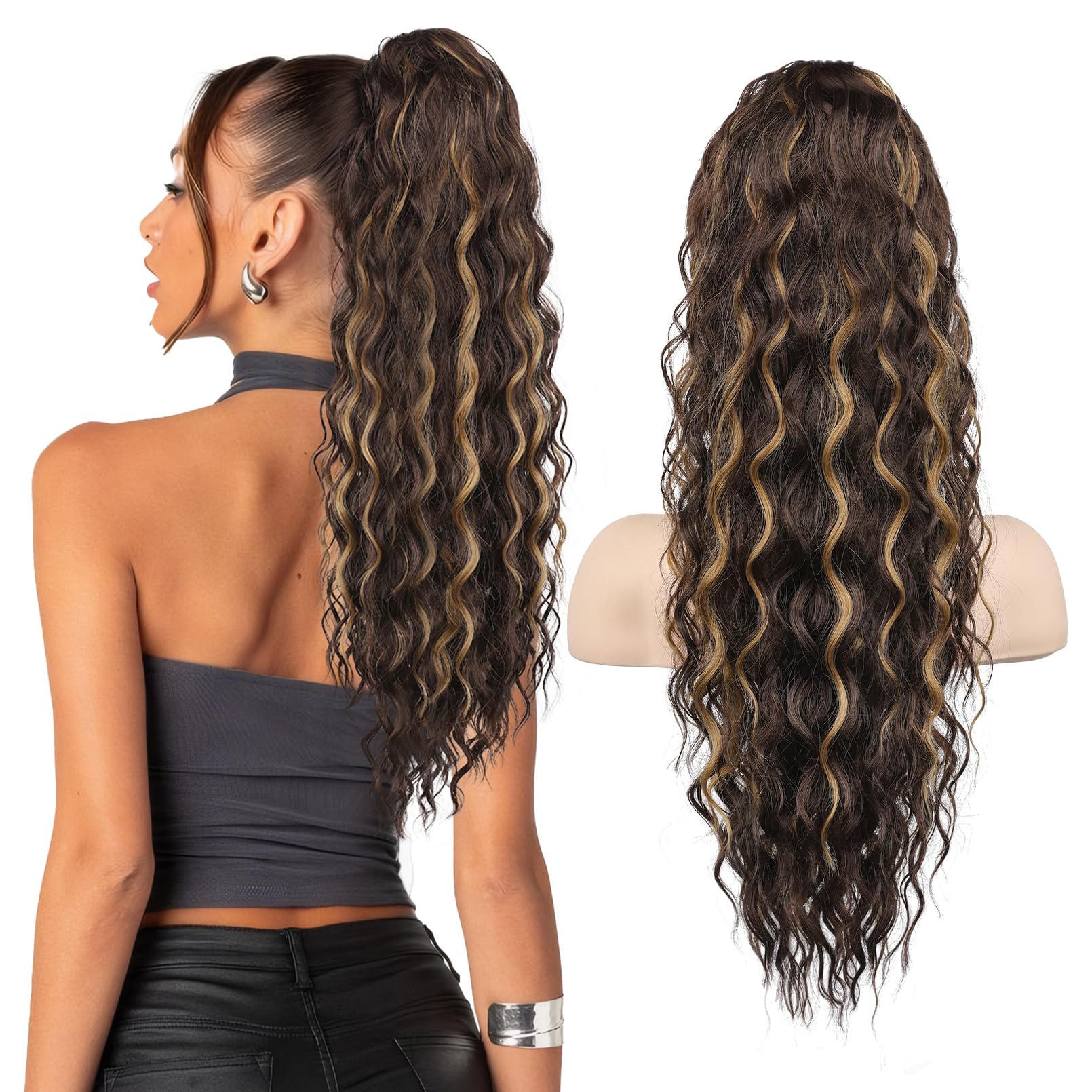 Photo 1 of SEIKEA 24" Highlight Ponytail Extension Claw, PT002 Tia Long Multi Layered Fluffy Thick Wavy Jaw Clip in Fake Pony Tails Fake Hair Soft Natural Synthetic Hairpiece Chocolate Brown/Caramel Blonde