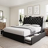 GalnFu Queen Bed Frame with 4 Storage Drawers, Giant Upholstered Wingback Headboard, Fast Charging Station, No Box Spring Needed, Noise-Free, Black