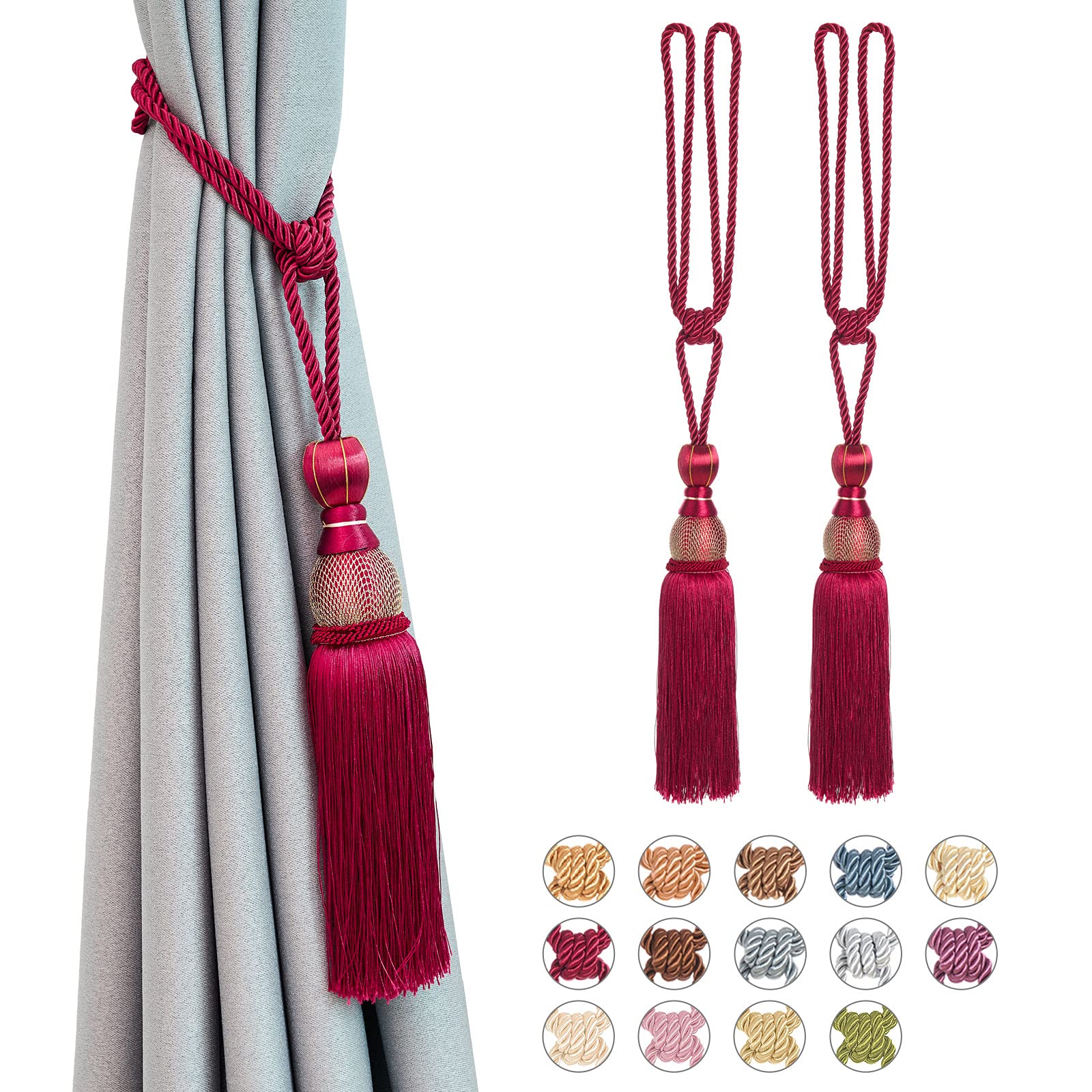 Pretty Jolly 2 Pack Mesh Ball Tassel Curtain Tiebacks European Vintage Style Curtain Holdbacks Handmade Braided Rope Decorative Drape Tie Backs for Home and Office Window Drapery (Wine Red)