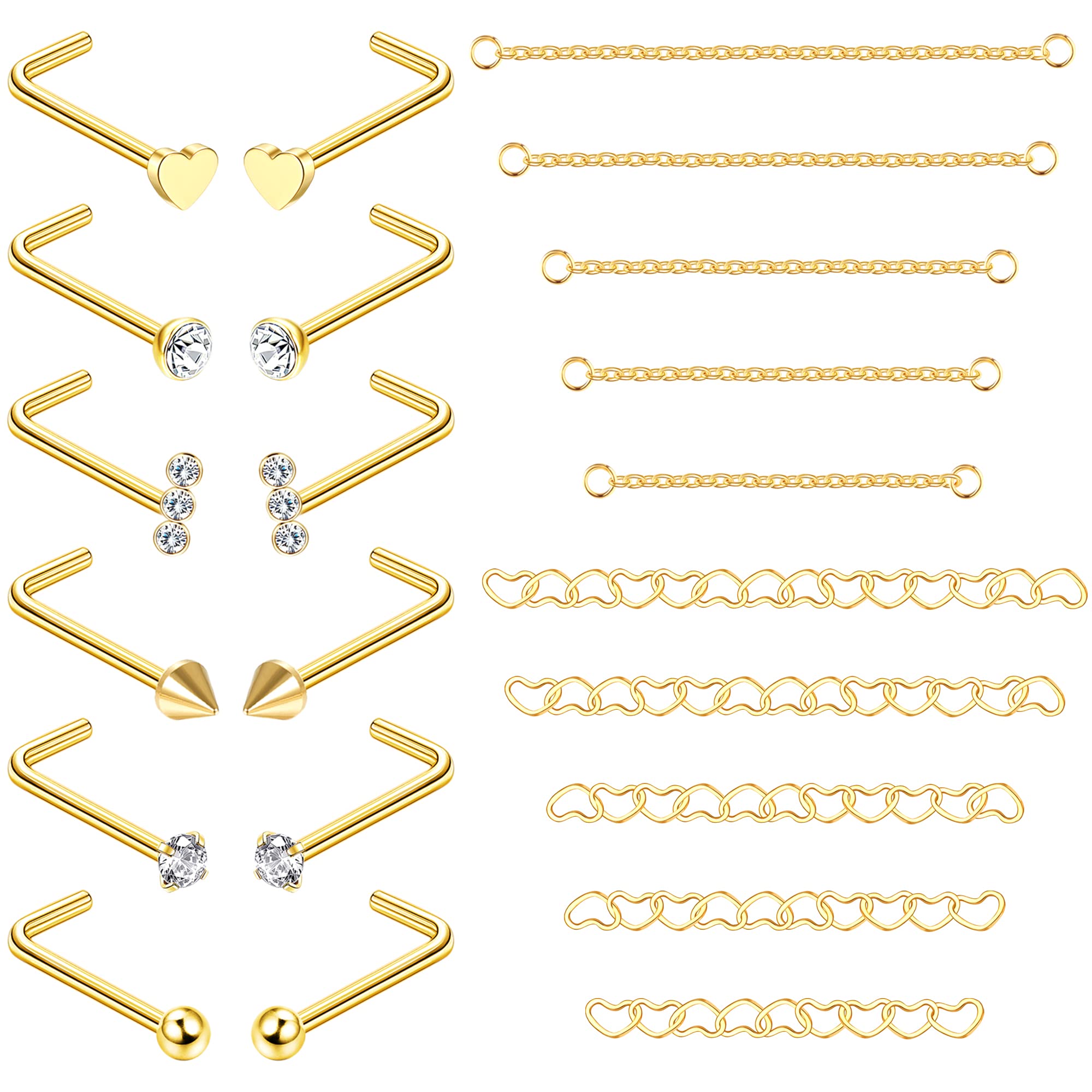 ADRAMATA 12Pcs Nose Stud 10Pcs Nose Chain Piercing Surgical Steel Nose Rings with Nose Chain for Double Nose Piercing 20G Nose Studs Silver Nose Piercings for Women Men