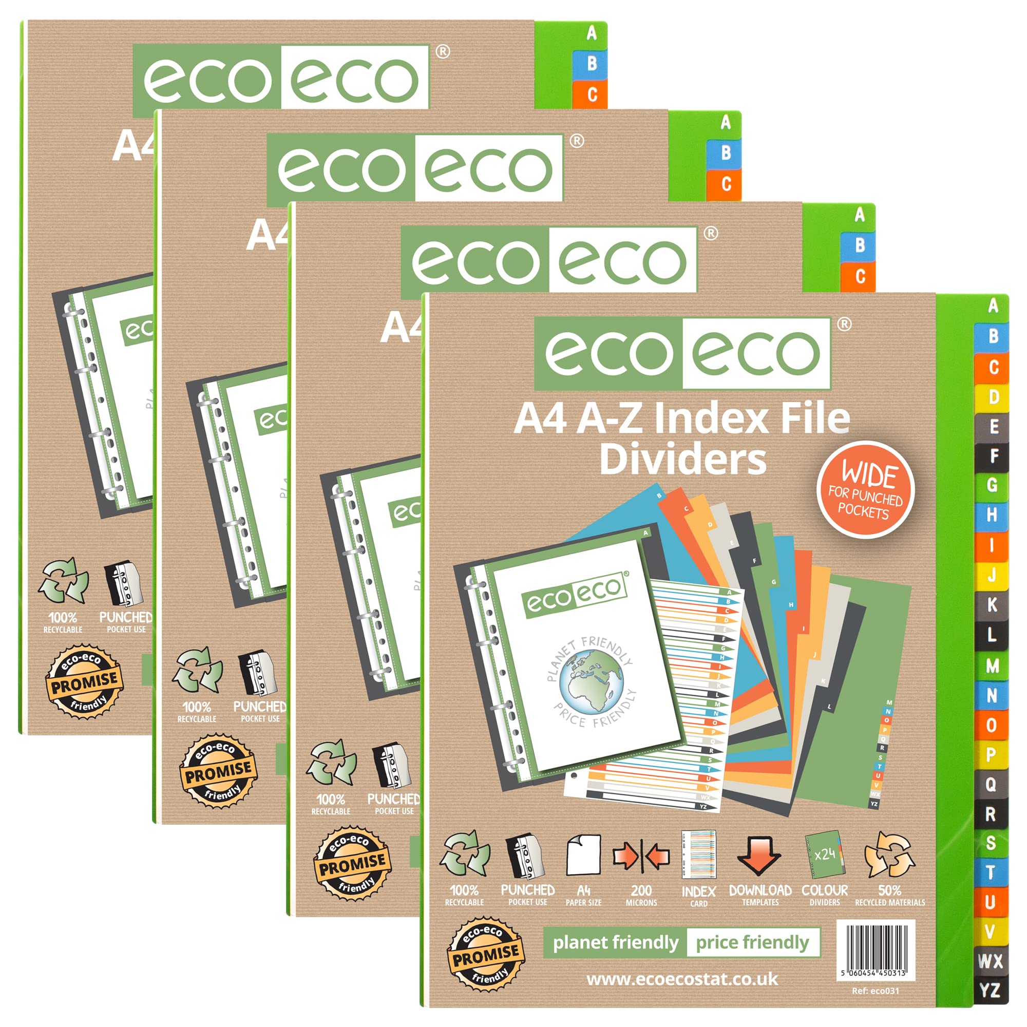 eco-eco A4 50% Recycled Multipunched Reinforced Colour Recycled Set 24 A-Z Wide Index File Dividers 200mic (Pack of 4), eco031x4, Multicolour