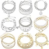 Quelay 33 Pcs (9 Pack) Boho Gold and Silver Bracelets for Women Stackable Chunky Dainty Bangles Mixed Metal Stack Bracelets Cuff Cuban Link Adjustable Chain Punk Charm Bundle Jewelry Valentine Gift