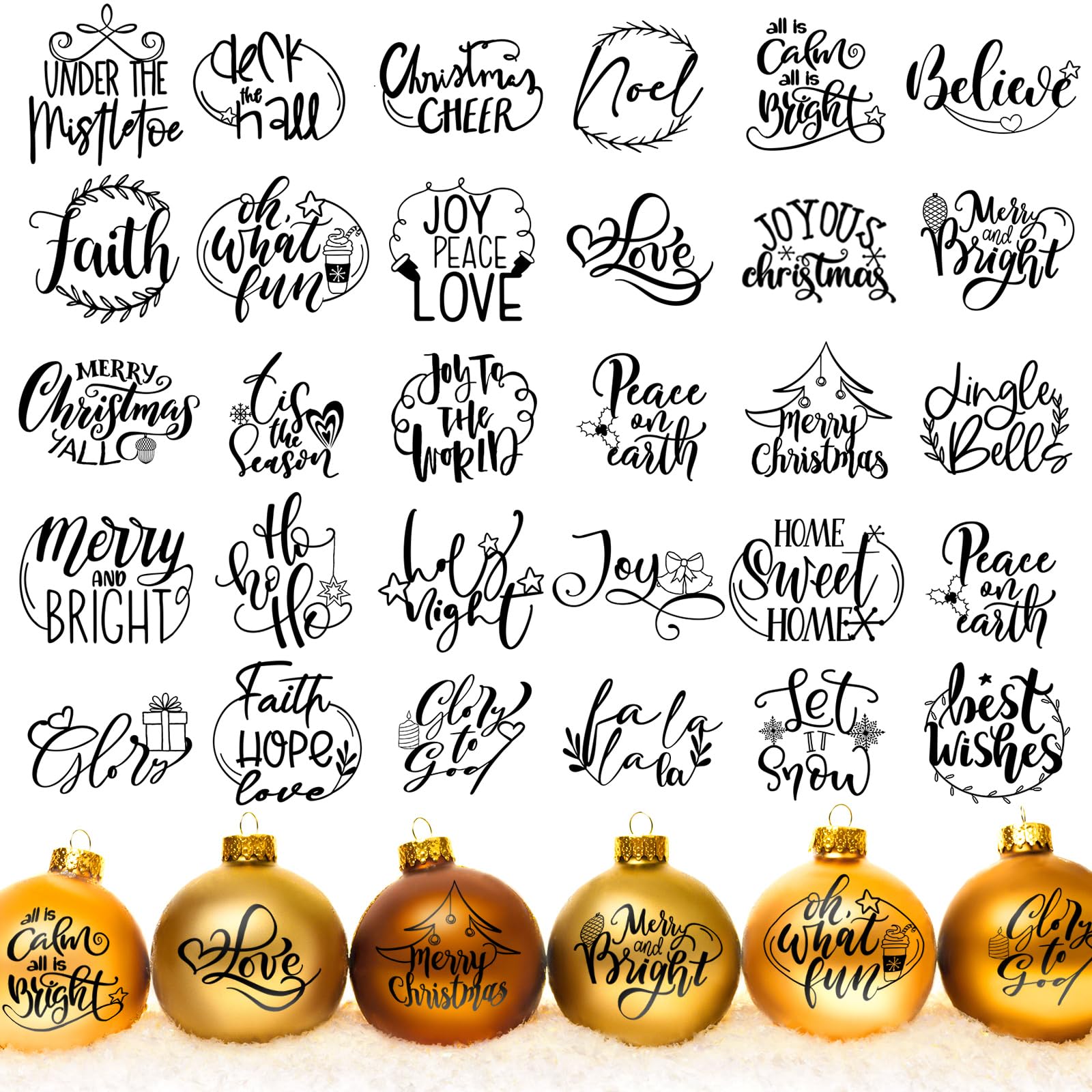 Photo 1 of 30 Pieces Vinyl Christmas Decals Holiday Scrapbooking Inspired Word Sticker Black Blessing Words Decals Greeting Vinyl Sticker for Window Ball Bottle Ornaments Planner Decor, 30 Styles