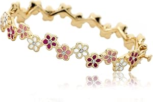 Little Miss Twin Stars Frosted Flowers 14k Gold-Plated White & Gray Cut Out Flowers Oval Hinged Bangle