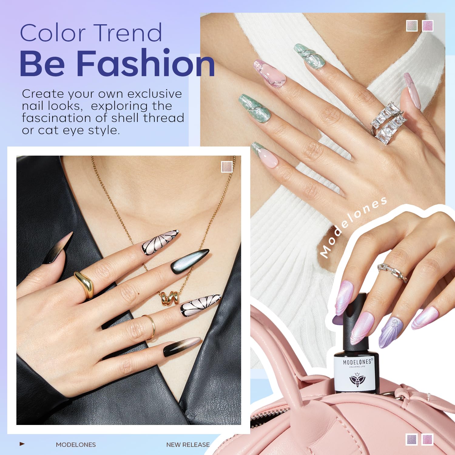 Modelones Pearl Gel Nail Polish, 6 Colors Shimmer Cat Eye Magnetic Nail Drawing Set with Magnet, Iridescent Mermaid Swirl Shell Thread Purple Pink Blue Glitter, Summer DIY Manicure Gift for Women Girl - Image 3