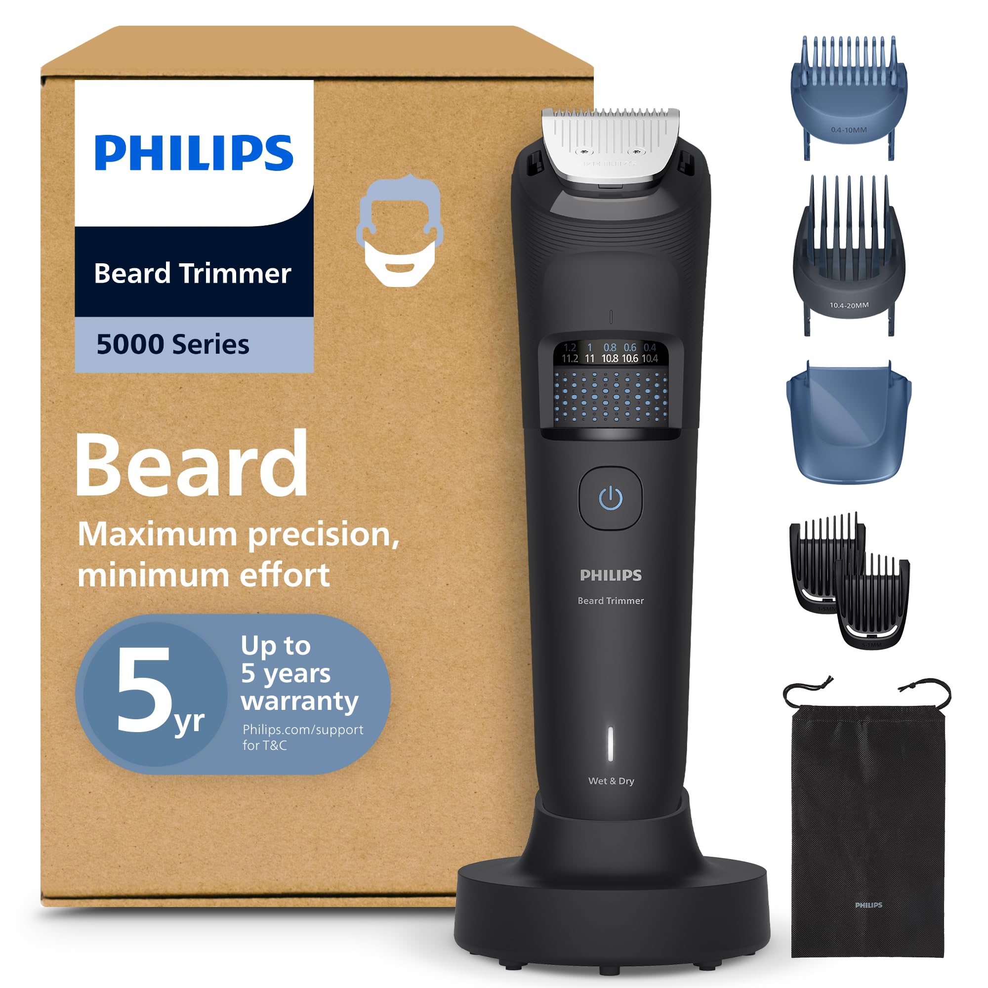 Philips Tondeuse à barbe série 5000 - Lames en métal auto-affûtées, 40 hauteurs de coupe réglables, Technologie BeardSense, Système collecte des poils, 100% étanche, Pochette, Modèle BT5785/30