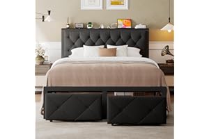 Einhomn Queen Bed Frame with 2 Storage Drawers, Metal Platform Bed with Charging Station, Upholstered Button Tufted Storage Headboard, No Box Spring Needed, Noise-Free, Easy Assembly, Black