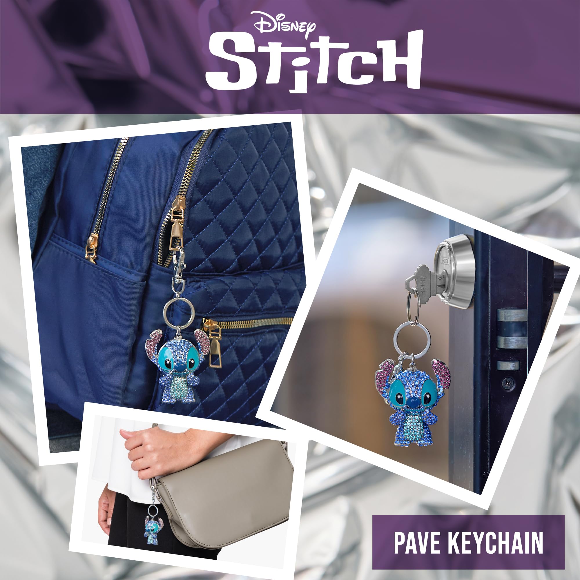 SALLY ROSE Stitch Keychain Official License, Multicolored Pave Crystal Stitch Bag Charm Key Chain, Valentines Day Gifts for Her