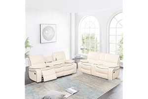 Plithzy Recliner Sofa Set Bonded Leather, Living Room Furniture Set,Leather Sofa Set Reclining Sofa Manual Recliner Couch (Sofa and Loveseat Set,Cream White)