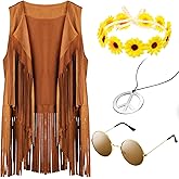 4 Pieces Halloween Carnival 60s 70s Women Hippie Costume Set Fringe Vest Faux Tassels Sunflower Hairband Necklace Glasses