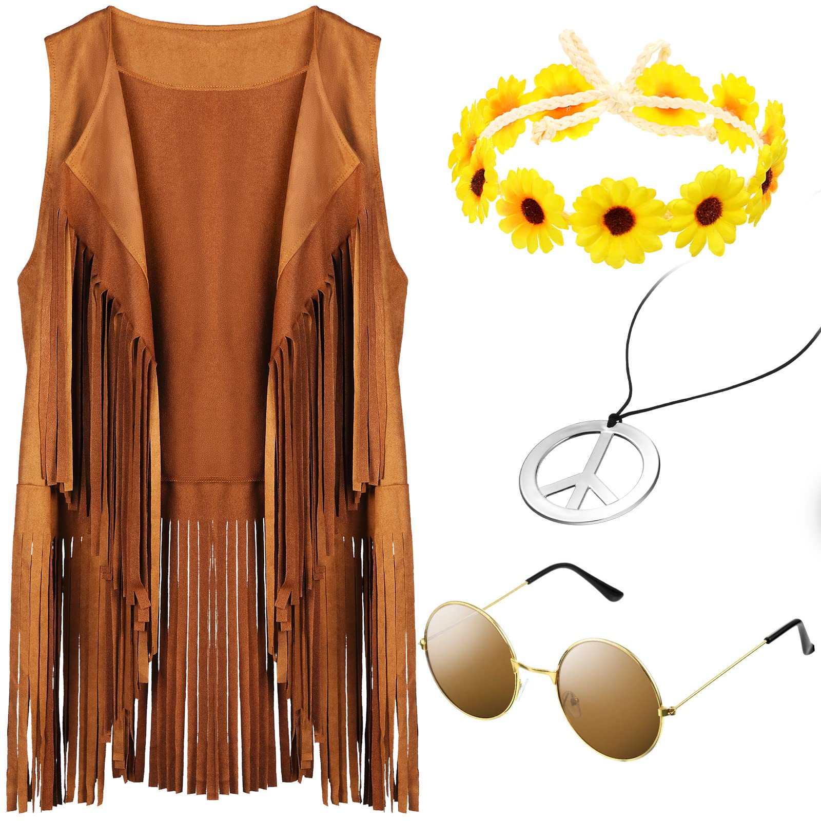 Photo 1 of 4 Pcs Halloween Carnival 60s 70s Women Hippie Costume Set Fringe Vest with Sunflower Hairband Peace Necklace Glasses(Large)