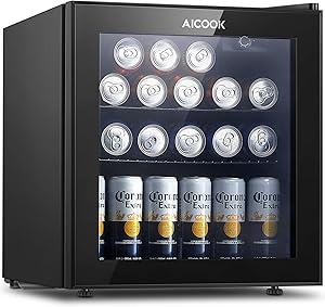 Aicook Beverage Refrigerator Cooler - Mini Fridge Glass Door for 60 Can Soda Beer or Wine - Small Wine Cooler Fridge Dispenser Machine with Removable Shelves For Bedroom Home Office RV or Bar, 1.6 Cu.Ft, Black