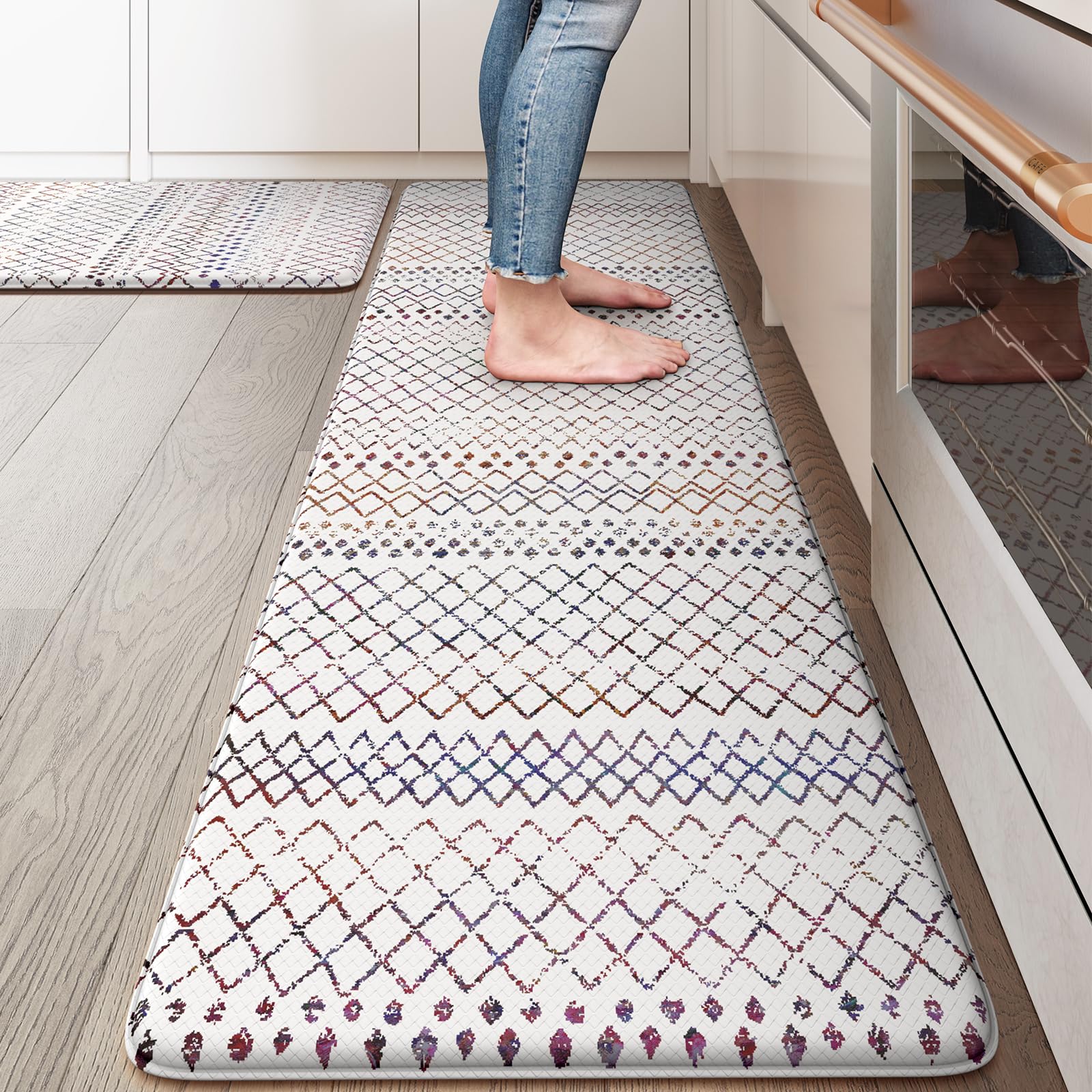 Photo 1 of KIMODE Kitchen Mats 2PCS,Cushioned Anti Fatigue Boho Kitchen Rugs and Mats,Non Slip Waterproof Kitchen Mats for Floor,Comfort Foam Standing Desk Mat for Home,Office,Sink,Laundry,Colorful