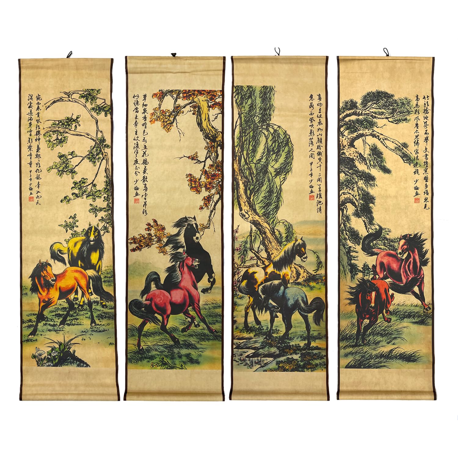 Photo 1 of CIFIBIFUN 4 Panels Watercolor Horse Scroll Painting for Living Room Farmhouse Large Wall Hanging Decor, 8 Horses Animal,56.8x49 Inches