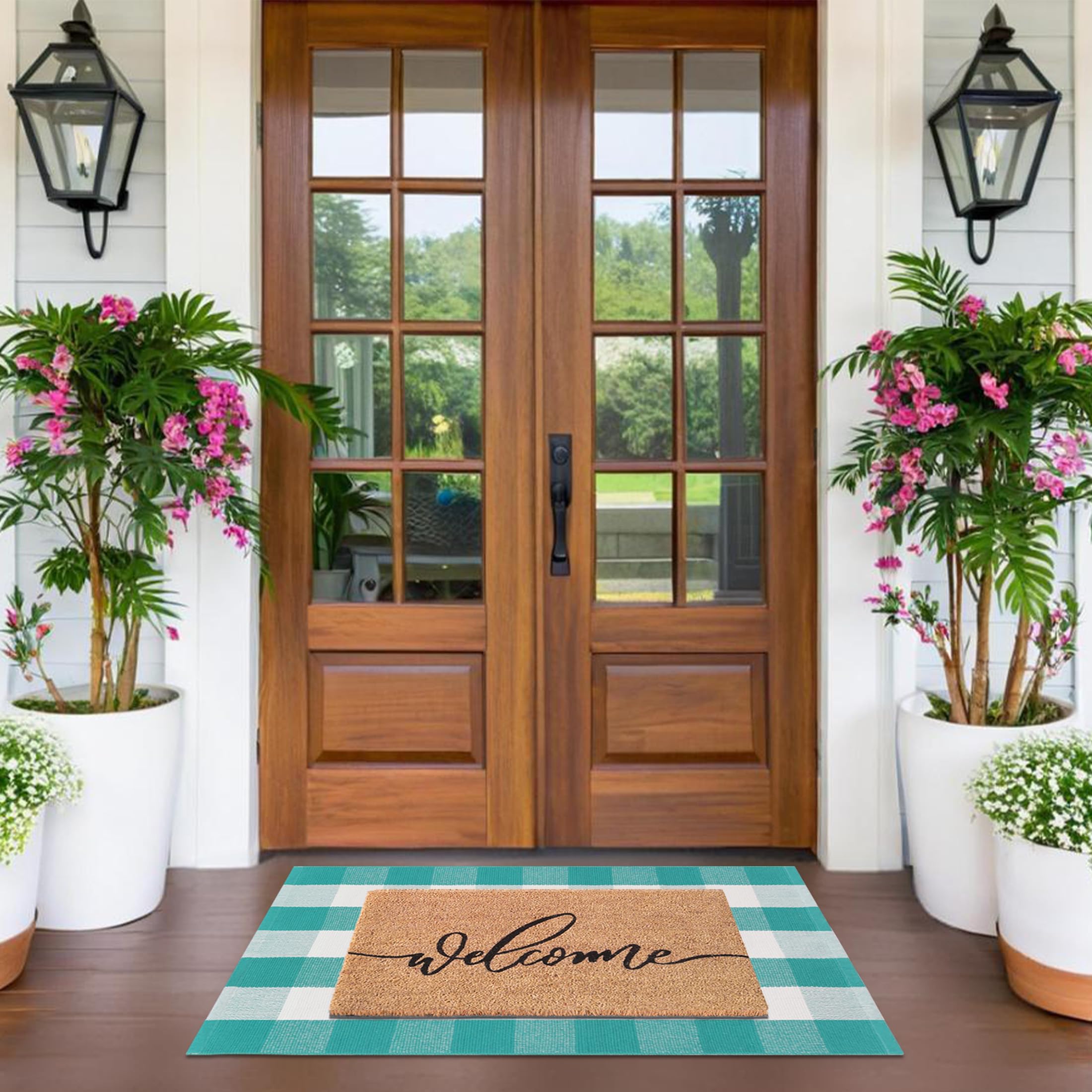 Fallovea Spring Welcome Door Mats Combo Set, 100% Coco Coir Doormat + 28" x 43" Green and White Plaid Rug, Front Porch Entryway Decor Indoor Outdoor Floor Easter Mats - Image 5
