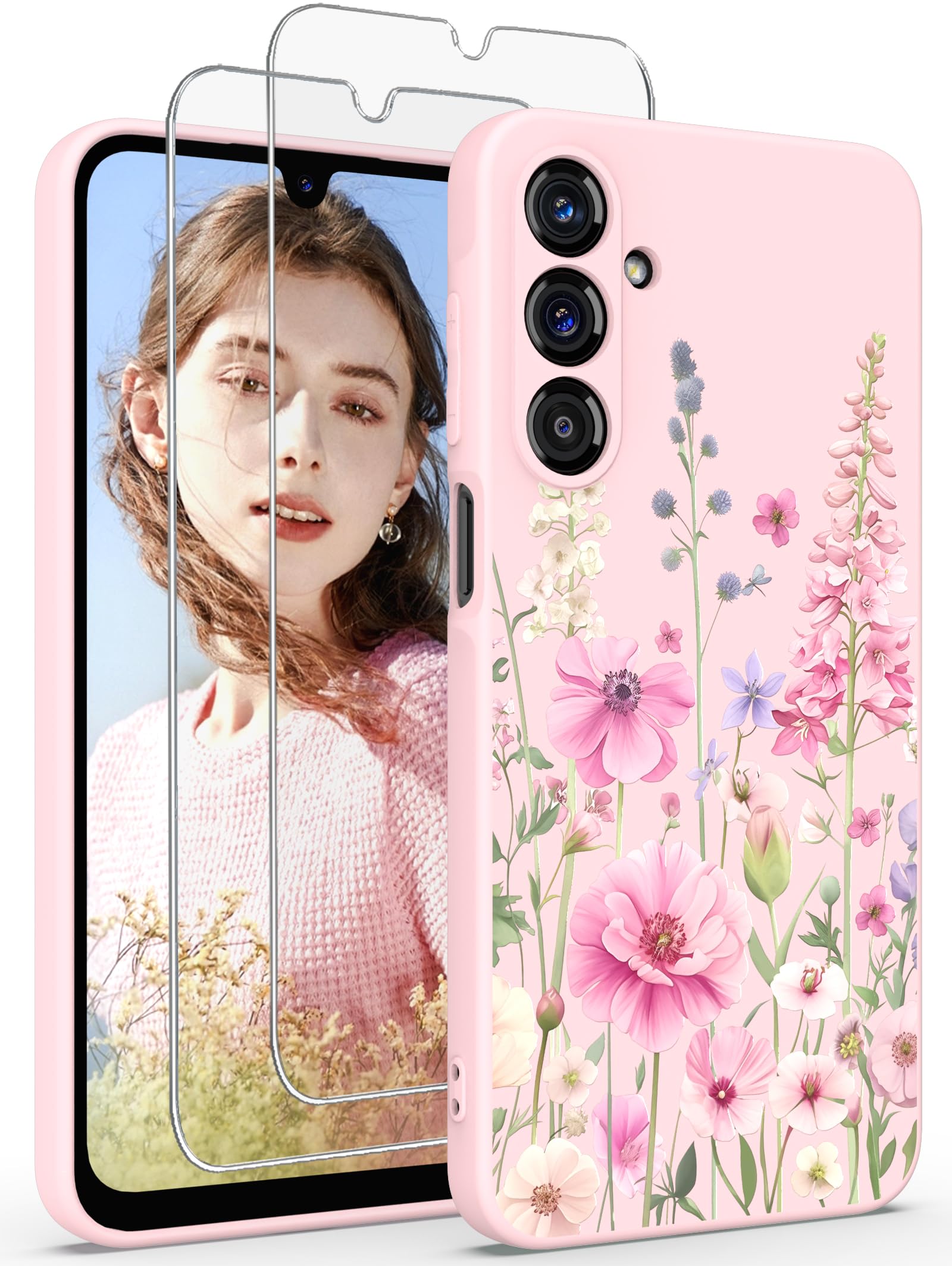 Yucenx for Samsung Galaxy A16 5G Case, Girls Women Florals Liquid Silicone Phone Case, Shockproof Anti-Scratch Soft Protection Case with 2X Screen Protectors for Galaxy A16 5G (Pink Flowers)