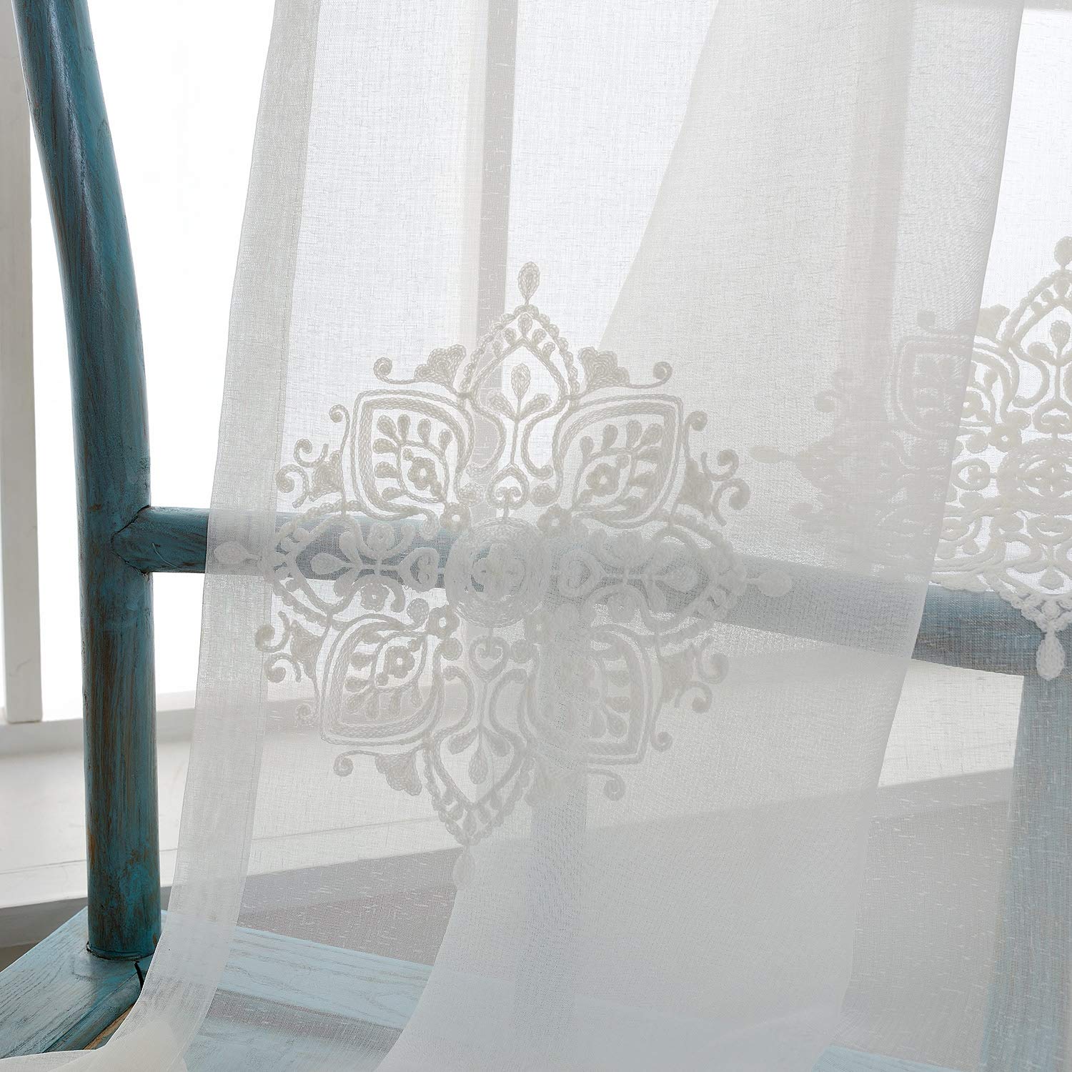 Buy VOGOL 2 Panels European Floral Pattern White Sheer Curtains Rod