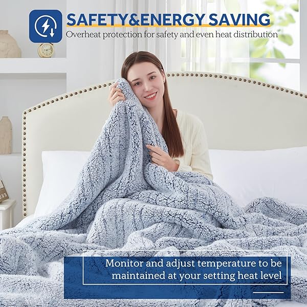 SEALY ELECTRIC BLANKET TWIN SIZE, SOFT SHERPA HEATED BLANKET SINGLE CONTROL WITH 10 HEATING LEVELS & 1 TO 12 HOURS AUTO-OFF SETTINGS OVER-HEATED PROTECTION 62″X84″ MACHINE WASHABLE, BLUE