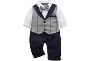 HeMarIsle HMD Baby Boy Long Sleeve Gentleman White Shirt Waistcoat Bowtie Tuxedo Onesie Jumpsuit Overall Romper
