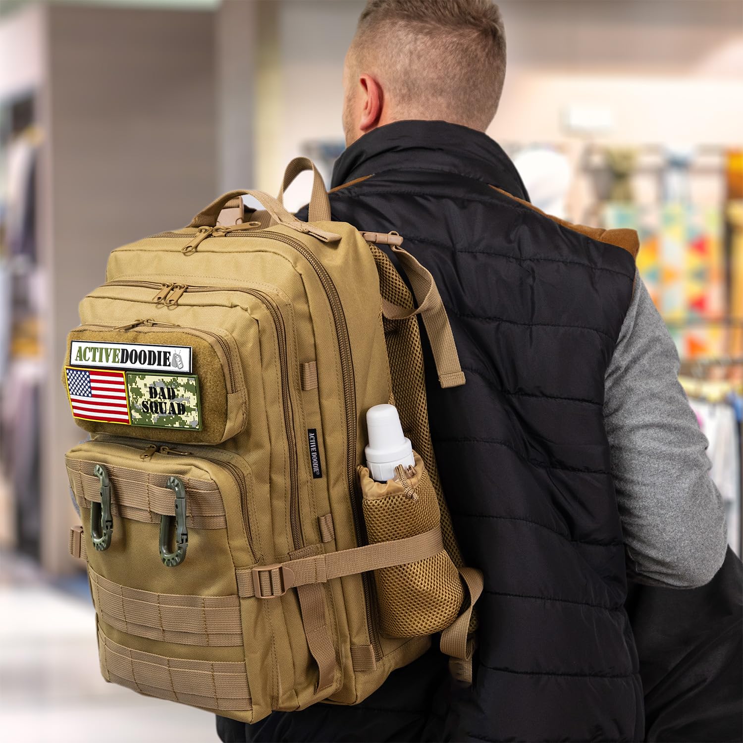 Dad Diaper Bag for Men with Removable Morale Patches, Waterproof Changing Pad, Insulated Pouches, Molle Webbing, YKK Zippers, Coyote Brown