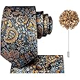 Hi-Tie Mens Silk Ties and Flower Lapel Pin Pocket Square Cufflinks Set 4PCS Necktie for Wedding Business
