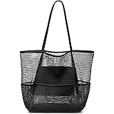 KPX Mesh Beach Bag, Tote Bag for Women Large Foldable Mesh Swimming Bag with Pockets - Sandproof, Waterproof