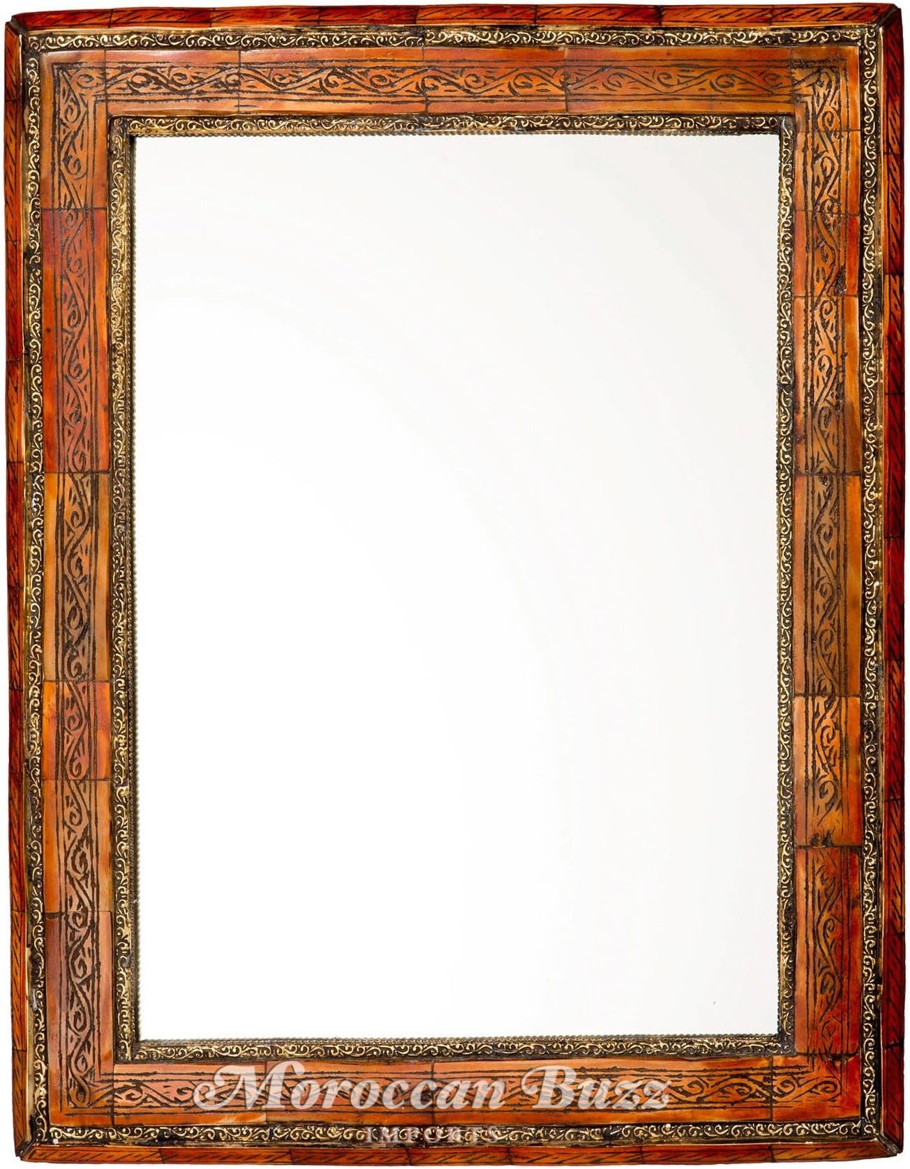 20" Moroccan Carved Henna Bone Mirror