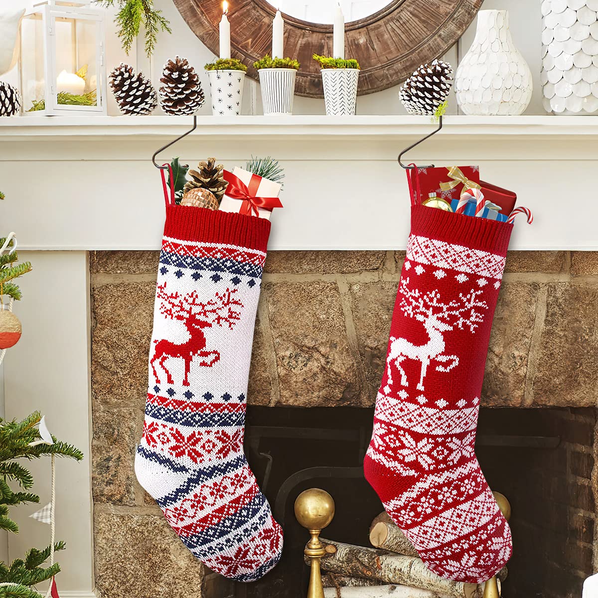 VDSOW Christmas Stockings Set of 2, 18 inch Knitted Christmas Stocking Personalised for Adults Kids, Large Xmas Stockings Hanging Gift Bag Socks Ornaments for Christmas Fireplace Tree Decorations