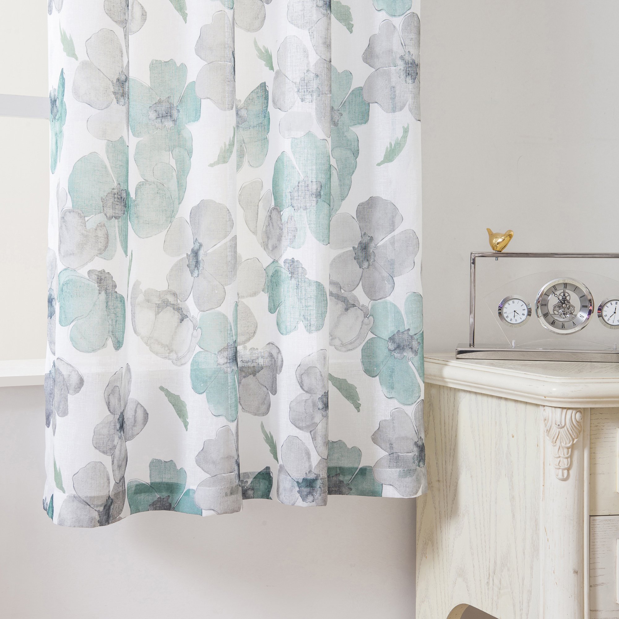 Floral Print Curtain Panel, Faux Linen Grommet Top Window Drapes,Room
