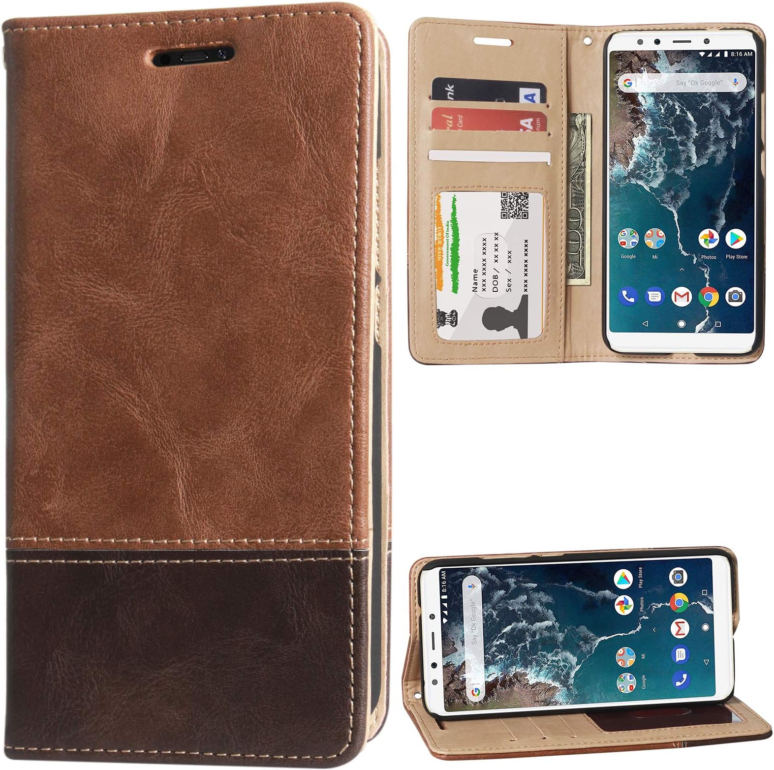 TecKraft MiA2NwLthrLLIDBrw_TK PU Leather Wallet Case Flip Cover for Mi A2 (Latchless ID Brown)