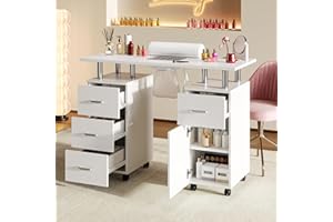 MilleLoom Professional Manicure Table with Downdraft Ventilation&Wrist Cushion, Nail Desk with 4 Drawers&1 Cabinet, Rolling L