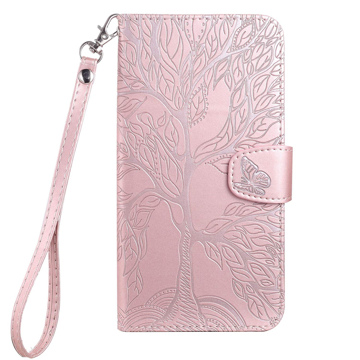 Aisenth for iPhone 6/6S Flip Case, The Tree of Life Embossed PU Leather Wallet Phone Folio Case Magnetic Protective Cover with Stand function, Card Slots with Wrist Strap (Rose Gold)