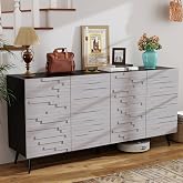 LABROSKIA Grey Sideboard Buffet Cabinet：63" Credenza Storage Cabinet | Modern Fluted Sideboard Buffet Cabinet with 4 Doors, Long Credenzas for Living Room