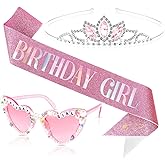 Tihebax Birthday Girl Sash and Crown & Glasses Set for Women Girls, Birthday Tiara Sash for Women Glitter Pink Happy Birth day Decorations Party Supplies