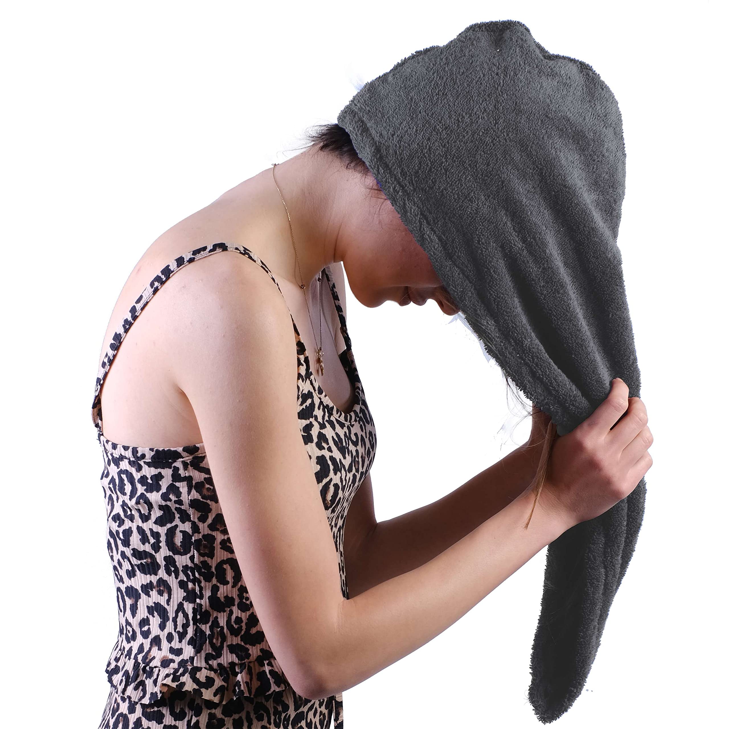 LLAMAXY 100% Pure Organic Cotton Hair Towel - Quick Twist Rapid Dry Turban Wrap for Adult and Child - 1 Pack Dark Grey