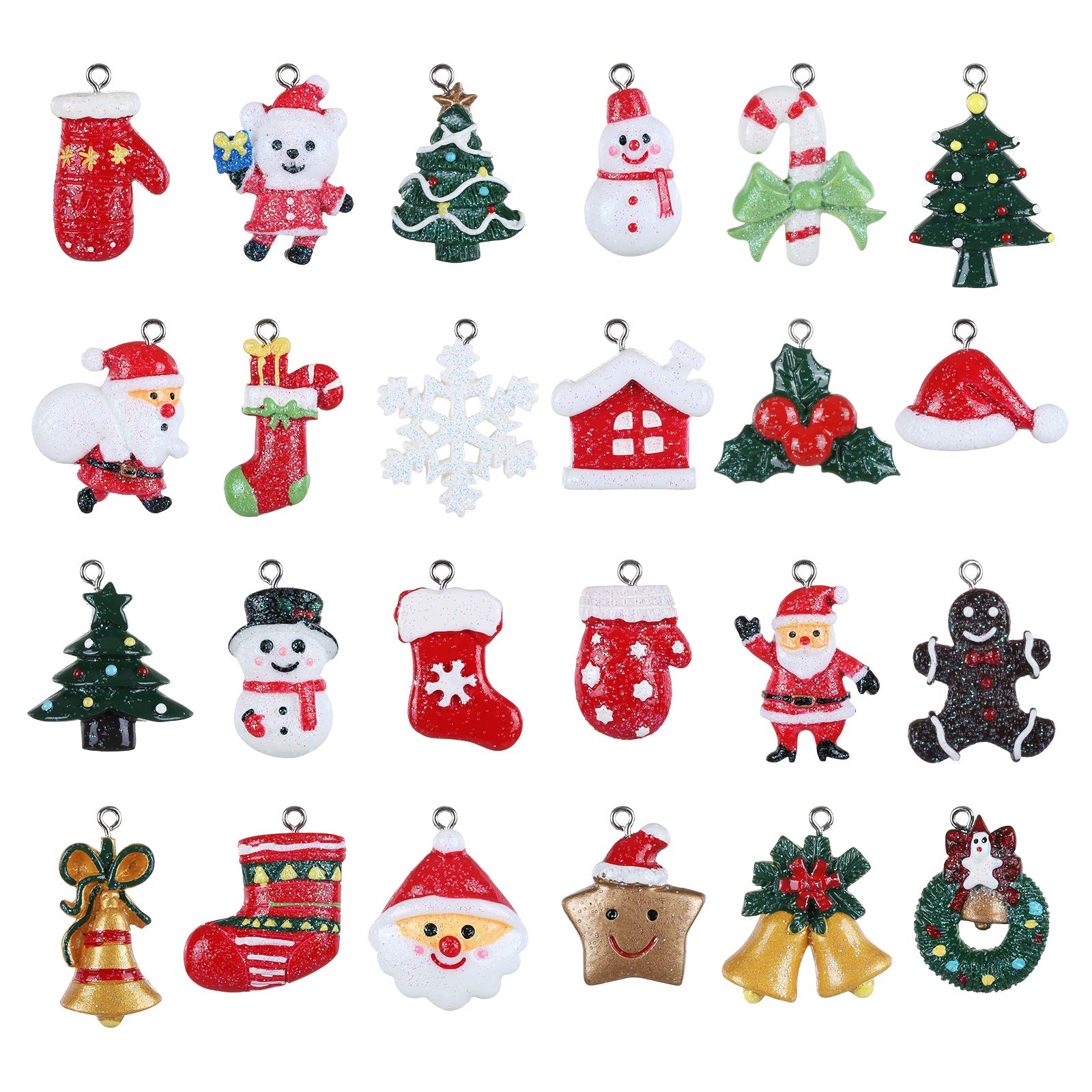 GWHOLE 24 Pcs Christmas Pendant Charm Resin Mini Baubles Tree Ornaments Set, Santa Clause, Snowman Ornaments Charm for Xmas Decoration Ornament DIY Craft