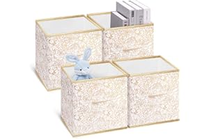 DAMAHOME Collapsible Storage Cube Bins - Fabric Cubby Organizer,Gold Flower Decorative Shelf Basket Dual Handles,11 Inch Metallic Box For Nursery/Home Office/Closet/Kids Room/4-Pack(Flower Gold)