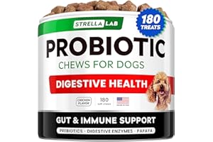 STRELLALAB Dog Probiotics Chews + Enzymes Gut Health Support - Anti Gas, Diarrhea and Upset Stomach Immune Supplement - Digestion Treats with Fiber (180Ct, Chicken)