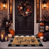 Drydiet Halloween Door Mat, Layered Buffalo Plaid Non Slip Doormat Porch | Outdoor Indoor Use, Spooky Skeleton Hand Design, Entryway Front Entry Decor, Black White Checkered Border Accents