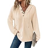 Dimur Hoodies for Women Waffle Knit V Neck Oversized Sweatshirt Button Down Drawstring Hooded Pullover Tops for Fall 2025