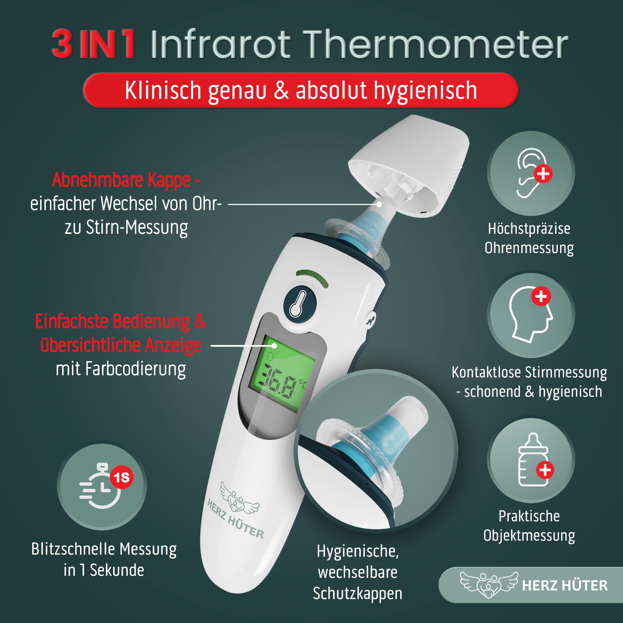 Fieberthermometer Ohr & Stirn, 3 in 1 Thermometer Ohrthermometer Baby Kinder & Erwachsene Stirnthermometer kontaktlos Digitales Fieber-Thermometer Infrarot-Messgerät, TÜV-zertifiziertes Medizinprodukt 2